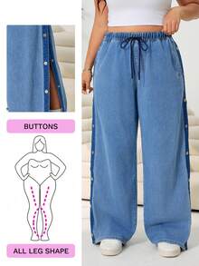 Solflare Plus Size Women Blue Summer Casual Everyday Wide Leg Jeans,Drawstring Elastic Waist Side Button Design Loose Denim Pants,Chic Y2k Streetwear Costume - Blue - View 1