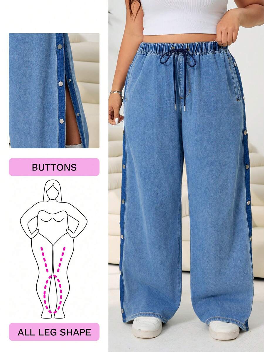 Solflare Plus Size Women Blue Summer Casual Everyday Wide Leg Jeans,Drawstring Elastic Waist Side Button Design Loose Denim Pants,Chic Y2k Streetwear Costume - Blue - View 1