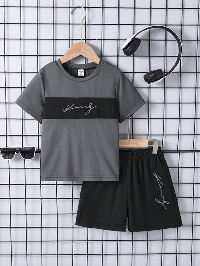 SHEIN 2pcs Young Boys Street Style Round Neck Short Sleeve T-Shirt + Shorts Set, Summer Getaway, Holiday, Travel, Relax, Sunbathing