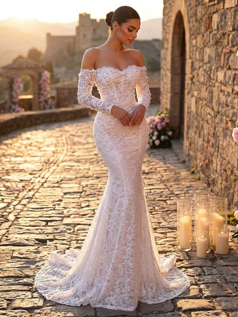 Glamrae Elegante y lujoso vestido de novia de encaje transparente con mangas de perlas y cola de sirena, adecuado para bodas, fiestas, vacaciones, bailes de graduación y eventos nupciales - Blanco - Ver 1
