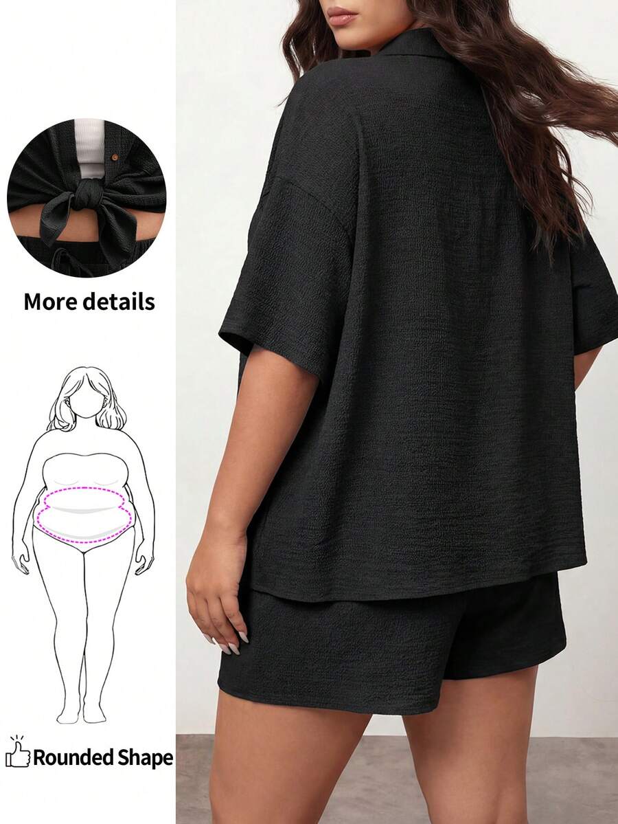 Enliva Plus Solid Drop Shoulder Shirt & Shorts Without Cami Top,Holiday Outfits - Black - View 1