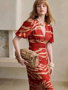 Arave Women's V-Neck Petal Sleeve Waist Cinched A-Line Floral Print Elegant Date Dress - Red - View 6