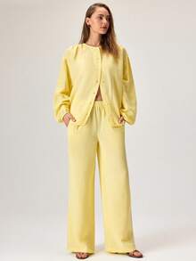 CasuGlow Butter Yellow Shirt & Wide-Leg Pants Set – Long Sleeve Button-Up Top, High-Waist Flowy Pants - Yellow - View 6