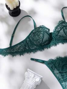 SHEIN Set de 2 piezas de lencería con parches de encaje color rosa rojo, madura y sensual - Verde - Ver 3