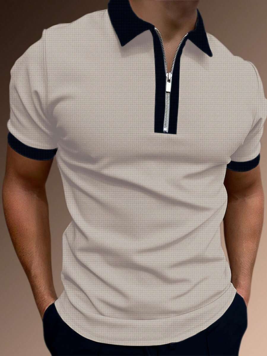 Manfinity Homme 男士對比色短袖休閒通勤 Polo 衫,適用儀式與正式場合 - 卡其色 - 查看 1
