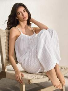 Ocili Quần dài rộng rãi, thoải mái, kiểu bohemian, chất liệu cotton mềm mại, có dây rút, thích hợp cho mùa thu. Bộ đồ ngủ nữ mùa thu thoải mái và thanh lịch này có dây rút. - trắng - Xem 7