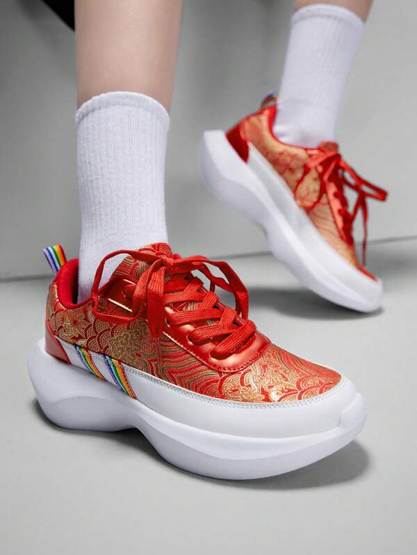 Vate Zapatillas deportivas gruesas y con absorción de impactos de color beige, de estilo casual y a la moda, adecuadas para uso diario, vacaciones y regalos. Zapatillas con suela plataforma y cuña gruesa, de color rojo, ideales para crear un ambiente festivo de Año Nuevo, otoño e invierno.