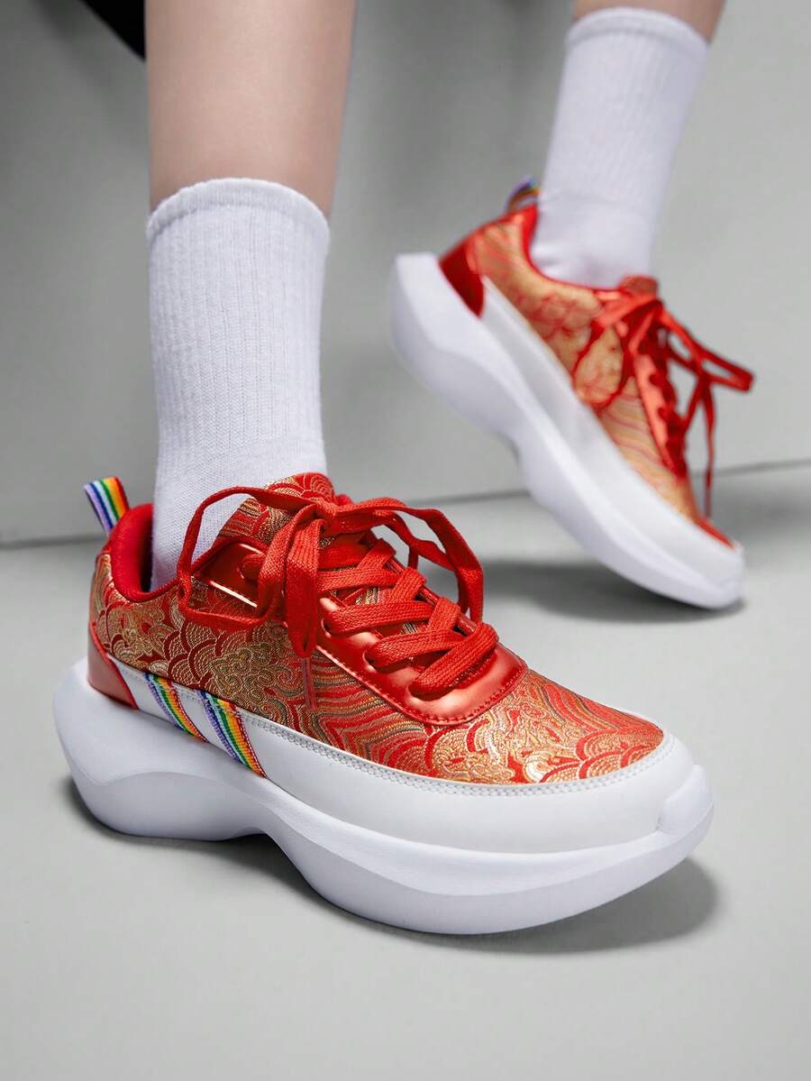 Vate Women's Casual Beige Fashionable Outdoor Chunky Sneakers, Shock-Absorbing, Suitable For Daily Wear, Vacation, Gifts, Thick Sole Platform Wedge Chunky Sneakers Red For New Year Holiday Vibe Fall And Winter Trainers - Red - View 1