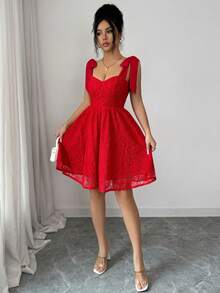 Elenzga Vestido curto sem mangas em renda com bordado em tule, decote nas costas com amarração, elegante estilo francês para férias, feminino. - Vermelho - Ver 4