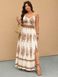 Elaquor 大码女式夏季波西米亚海滩度假风印花缎面撞色蕾丝高开衩吊带连衣裙 - 彩色 - 查看 3