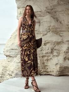 MOTF PREMIUM WOMEN'S V-NECK SLEEVELESS SLIT HEM LINEN PRINTED SLIM DRESS, SPRING/SUMMER - Coffee Brown - View 6