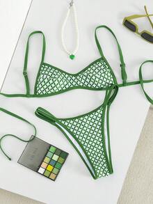 Swim Vcay Bộ 2 món bikini mới, in họa tiết ngẫu nhiên, dây đeo có thể điều chỉnh, gợi cảm và thanh lịch, thích hợp cho bãi biển và tiệc bể bơi. - màu xanh lá - Xem 2