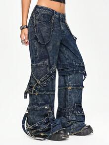 ROMWE Grunge Punk Quần jean ống rộng nữ phong cách đường phố punk, trang trí bằng ruy băng và dây kim loại. - Màu xanh lam - Xem 5