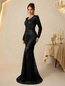 Coutiva Elegant Gorgeous Sequin Embroidery Long Sleeve Dress,Pearl Rhinestone Design Luxury Evening Gown,Formal Party Dinner Wedding Guest Dress For Women - Black - View 4
