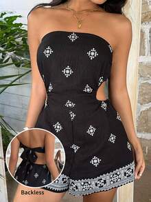 SHEIN EZwear Bộ áo liền quần quây ngực phối màu tương phản dành cho nữ mùa hè - Trang phục mùa hè cho nữ - màu đen - Xem 1