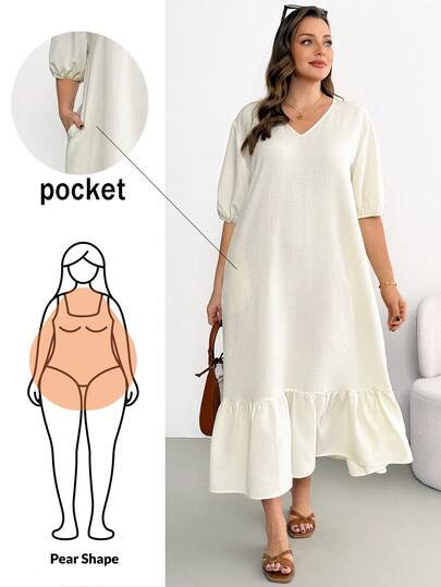 Shapeblank Đầm dài tay ngắn cổ chữ V màu mơ dành cho nữ cỡ lớn, thời trang xuân hè, dáng rộng thoải mái, tôn dáng, có túi, thích hợp mặc hàng ngày, trang phục mùa hè, trang phục đi nghỉ mát.