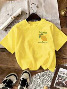 EMERY ROSE Women's Lemon Pattern T-Shirt - Casual Short Sleeve Top With "Lemon And Drink" Print, Round Neck, Spring/Summer Fashion Women's T-Shirt, Round Neck T-Shirt - Yellow - View 3