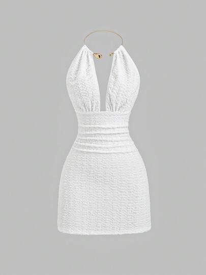 Sweetra Elegant French Textured White Metallic Halter Neck Sexy V-Neck Bodycon Dress, Delicate Girly Style For Spring/Summer