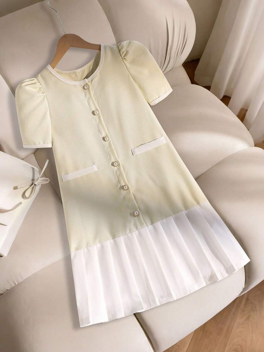 SHEIN 1件少女蝴蝶结褶皱短袖连衣裙,宽松版型,春夏款 - 黑色 - 查看 1