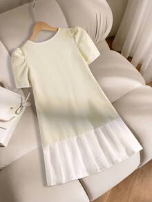 SHEIN 1件少女蝴蝶结褶皱短袖连衣裙，宽松版型，春夏款 - 黑色 - 查看 2