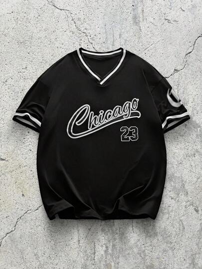 EVRINFINITE 男士宽松版型文字设计休闲短袖T恤，男友礼物，外出穿着，黑银色球衣，男士棒球衫，时尚棒球衫，男士棒球衫，芝加哥球衣，夏季足球衫