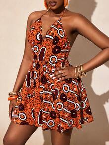 SHEIN VaVaLuxe Women's Vacation Geometric Print Casual Halter Neck Dress African Print Dresses Vacation Outfits Women Dress Ankara Dress African Africa Dress - Multicolor - View 3