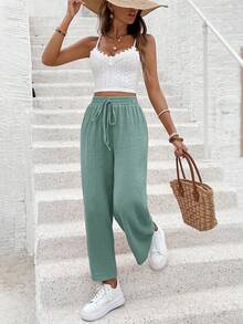 SHEIN Frenchy Quần nữ trơn màu, kiểu dáng tối giản, buộc dây, thích hợp mặc thường ngày. - Xanh lá cây Mù sương - Xem 6