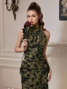 SHEIN MOD 女士无袖时尚修身迷人立领蝴蝶结褶皱系带杏色衬衫，秋季上衣，职业女性上衣，夜店上衣，职业上衣，秋装 - 軍綠色 - 查看 2