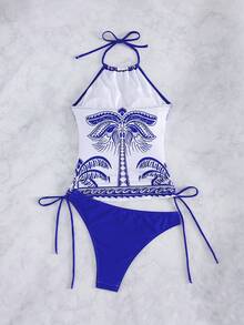 Swim Lushoire 女士纯色抽绳纹理面料吊带露背度假吊带比基尼上衣 - 藍色 - 查看 6