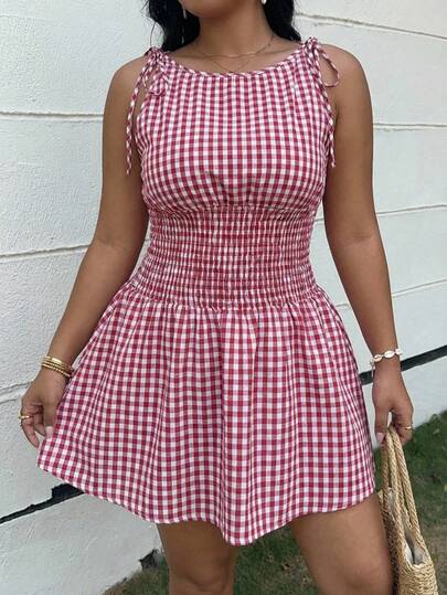 SHEIN EZwear Plus Size Women's Spring/Summer Plaid Pleated Waist Elegant Dress