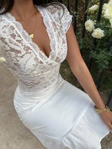 INAWLY Women's White Floral Lace Scalloped V Neck Cap Sleeve Sheer Blouse - Summer Date Night Party Top - White - View 7