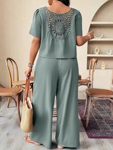 SHEIN LUNE Plus Size Casual Solid Color Tie Front Top And Pants 2 Pieces Set - Mint Blue - View 5