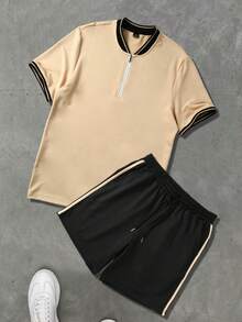 Manfinity Homme Bộ đồ polo nam tay ngắn có khóa kéo, thích hợp mặc ở nhà, đi chơi và tụ họp. Áo nam thường ngày, trang phục mùa hè nam, áo polo nam có khóa kéo, áo thun nam. - Màu Khaki - Xem 6