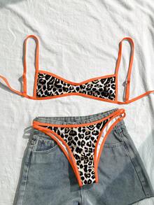 Swim Mod 女士度假沙滩豹纹撞色滚边泳衣套装 - 橘色 - 查看 5