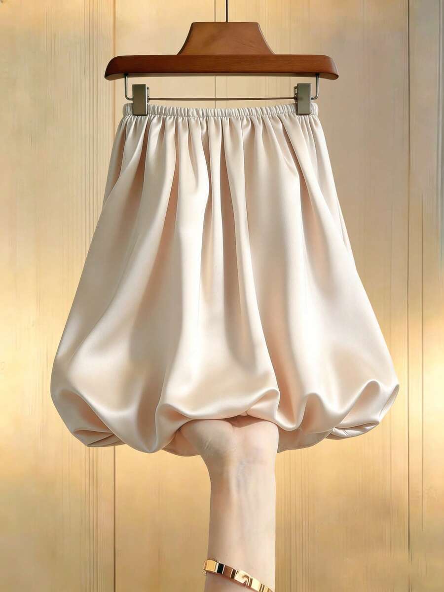 Franclia 女士缎面泡泡袖抹胸上衣，春夏款 - 杏色 - 查看 1