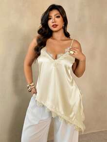 Auralis 黑色蕾丝拼接吊带背心，宽松性感，适合情人节派对、生日宴会/优雅V领吊带背心，大码通勤及浪漫场合皆宜 - 杏色 - 查看 1