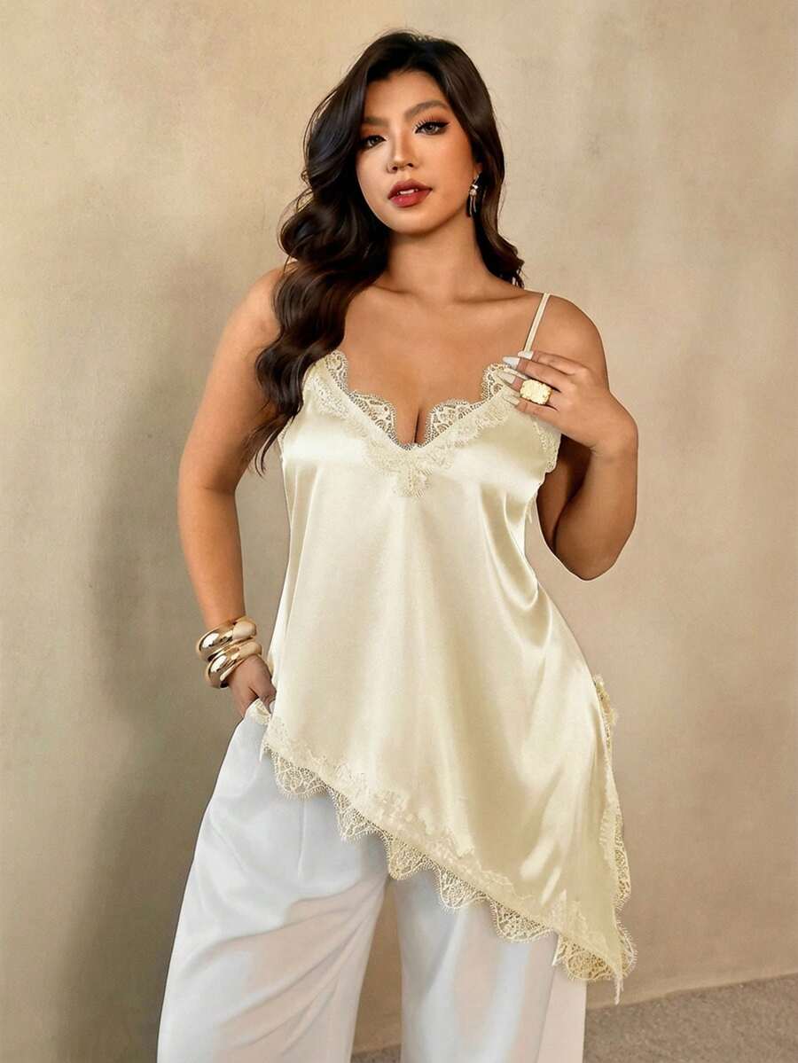 Auralis 黑色蕾丝拼接吊带背心，宽松性感，适合情人节派对、生日宴会/优雅V领吊带背心，大码通勤及浪漫场合皆宜 - 杏色 - 查看 1