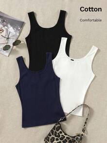 SHEIN EZwear 夏季三件套纯色背心女式吊带背心女式吊带衫女式基础款上衣女式夏季上衣女式棉质上衣 - 彩色 - 查看 5