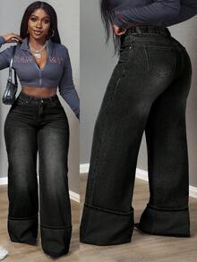 SHEIN Tall CURVE 大码休闲水洗高腰直筒牛仔裤 - 黑色 - 查看 1