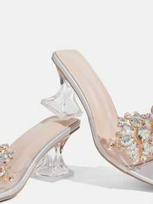 CUCCOO TILAWA Women's Fashion Transparent Wine Glass High Heel Sandals, Square Toe, Decorated With Shiny Rhinestones Summer Shoes - Silver - View 6
