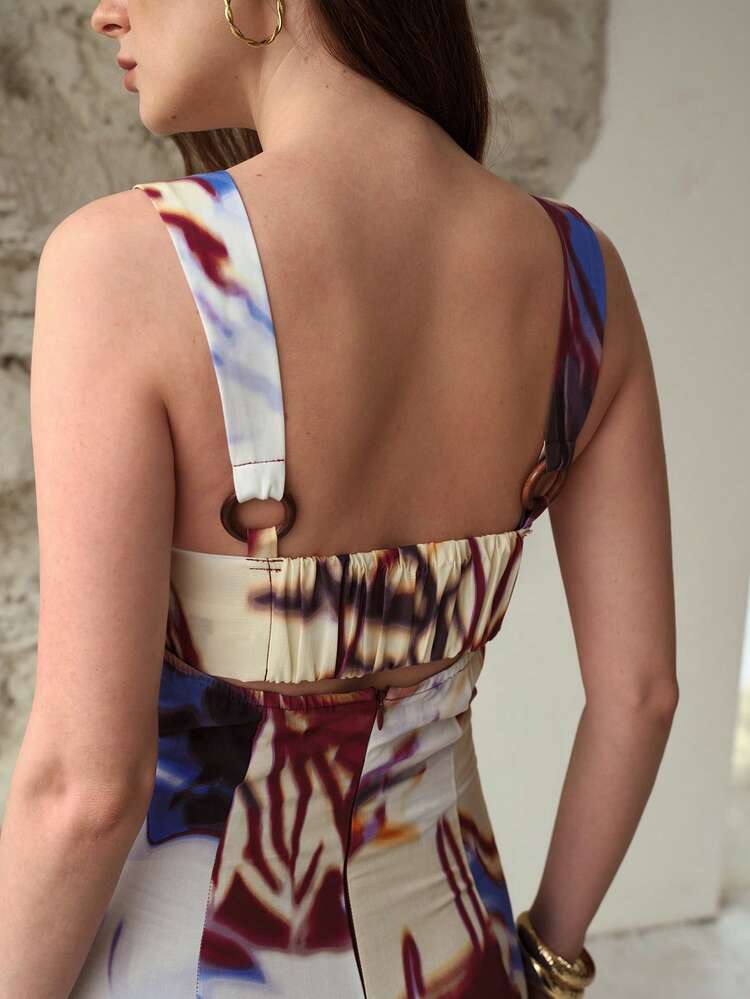 WOMEN'S LINEN BLEND PRINTED PATCHWORK MAXI DRESS