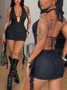 Coolane Vestido de talla grande, unicolor, sin espalda, con cuello de halter sexy - Negro - Ver 1