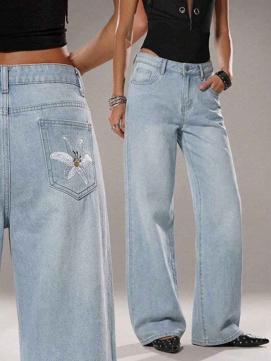 TRNVIE 时尚休闲碎花低腰阔腿牛仔裤 - 淺色水洗藍 - 查看 1