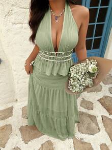 Sunnyshic Plus Size Women Sexy Backless Bohemian Style Shell Decor Camisole, Apricot - Green - View 5