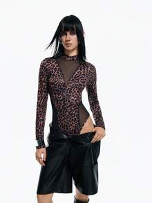 Airlisse 女士时尚豹纹透视网纱拼接长袖连体衣 - 彩色 - 查看 4