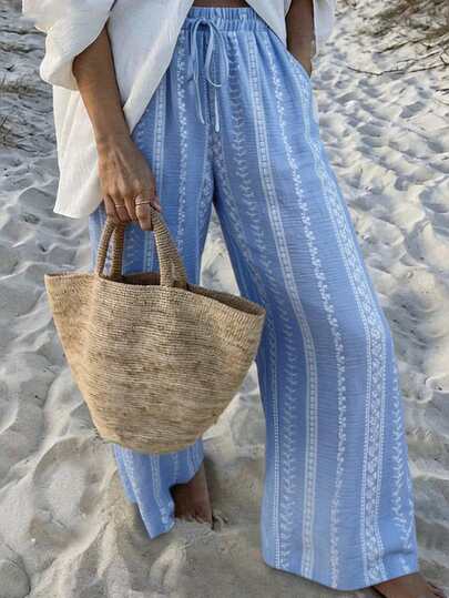 Ceyna מכנסי חופשה כחולים במידות גדולות, רב-תכליתיים לאביב/קיץ מכנסי בוהו לנשים מכנסי חוף לנשים מכנסי חוף עם דוגמא מכנסי חוף עם שרוך לנשים מכנסי קיץ