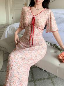 Dazy Tall Women's V-Neck Ruffle Sleeve Waist Cinched Elegant Long Dress Boho Sun Dresses For Women Vacation Outfits Women Summer, Tall Women - Red - View 6