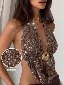 Aloruh Women's Solid Light Apricot Color Embroidered Applique Mesh Bodysuit With Asymmetric Shoulder - Brown - View 2