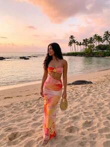 Aloruh Women's New Elegant Romantic Printed Dress/Beach Holiday Dress/Summer Dress/Sexy Hollow Out Dress Hawaii Dresses Sunset Dresses Long Dress Vacation Tequila Sunrise Dress Hawaii Outfits Women - Multicolor - View 5