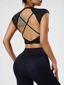 Dewbera Women's Sleeveless Yoga/Outdoor Fitness Backless Criss-Cross Strap Tight T-Shirt - Black - View 3